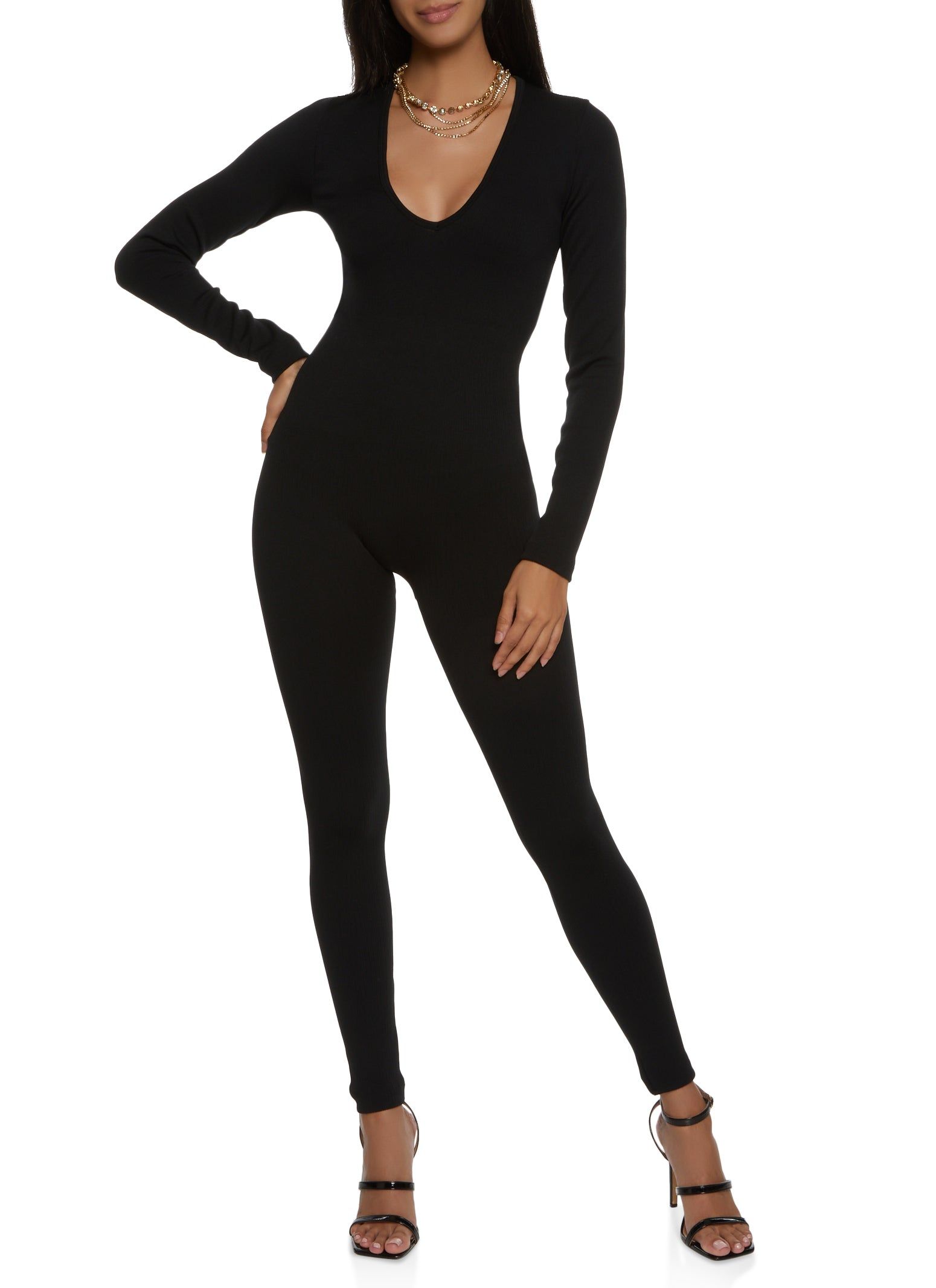 Ribbed Long Sleeve V Neck Jumpsuit sold by Rainbow
