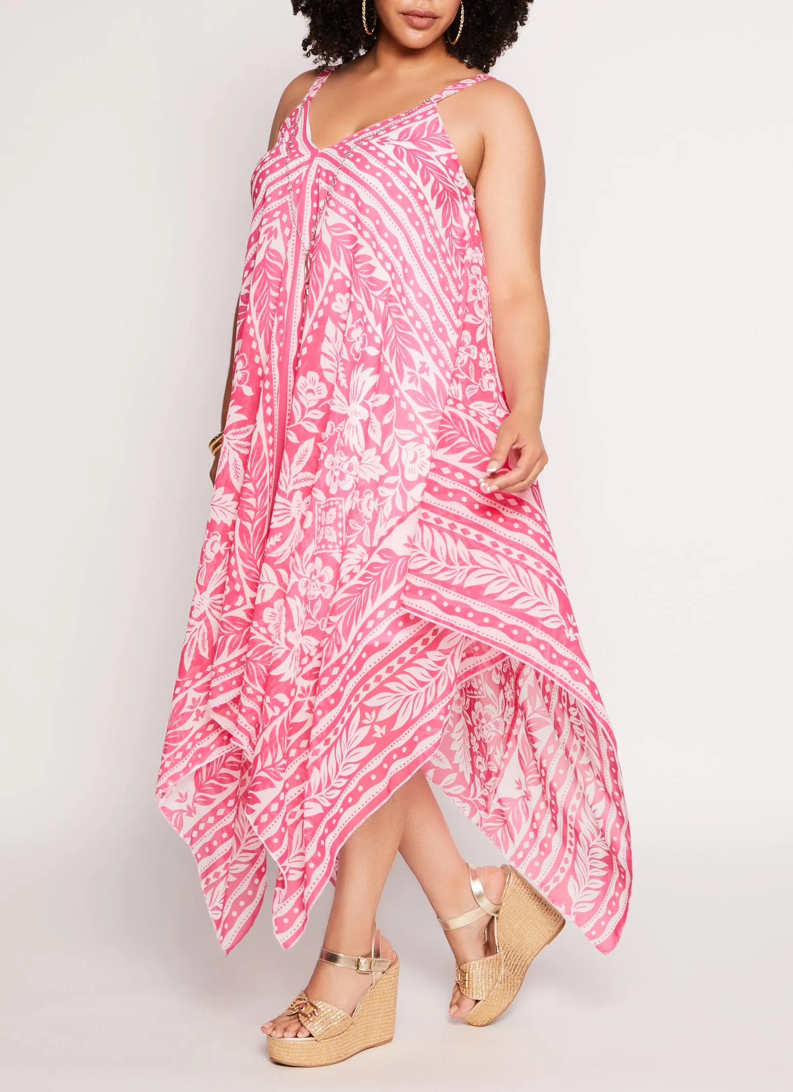 Plus Size Border Leaf Print Handkerchief Hem Dress with Necklace sold by Rainbow product image thumbnail 2