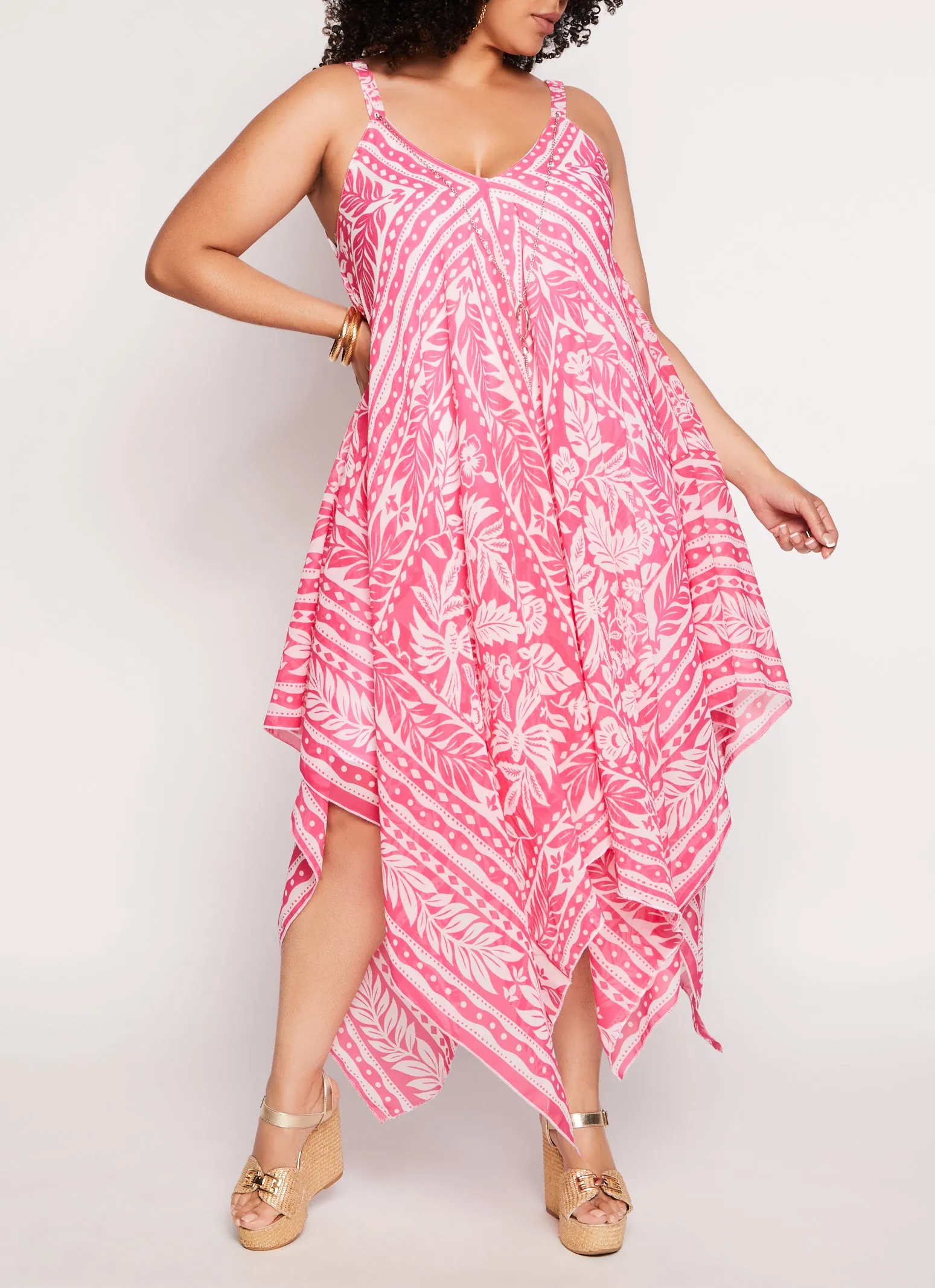 Plus Size Border Leaf Print Handkerchief Hem Dress with Necklace sold by Rainbow