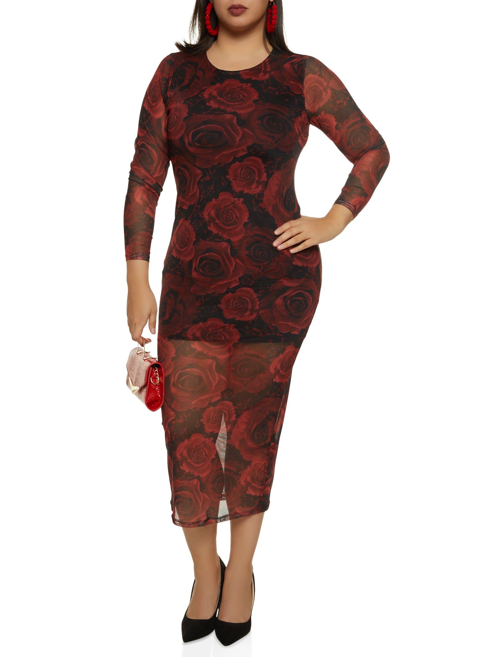 Plus Size Mesh Floral Midi Dress sold by Rainbow