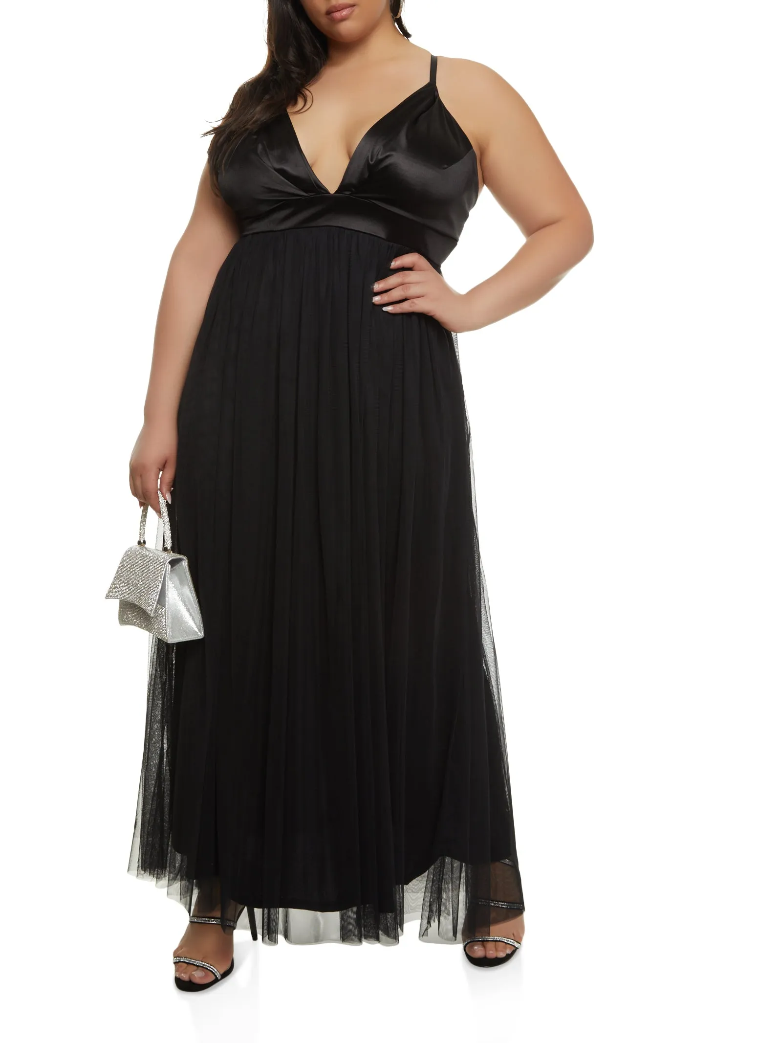Plus Size Haute Monde Satin Plunge Tulle Maxi Dress sold by Rainbow