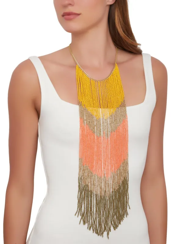 Color Block Beaded Fringe Necklace sold by Rainbow