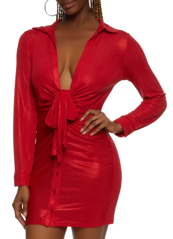 Shimmer Knit Tie Front Shirt Dress sold by Rainbow