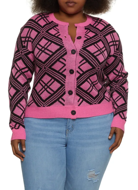 Plus Size Geo Print Button Front Cardigan sold by Rainbow