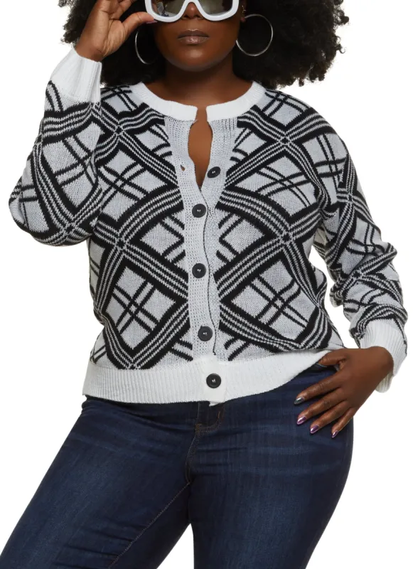 Plus Size Geo Print Button Front Cardigan sold by Rainbow