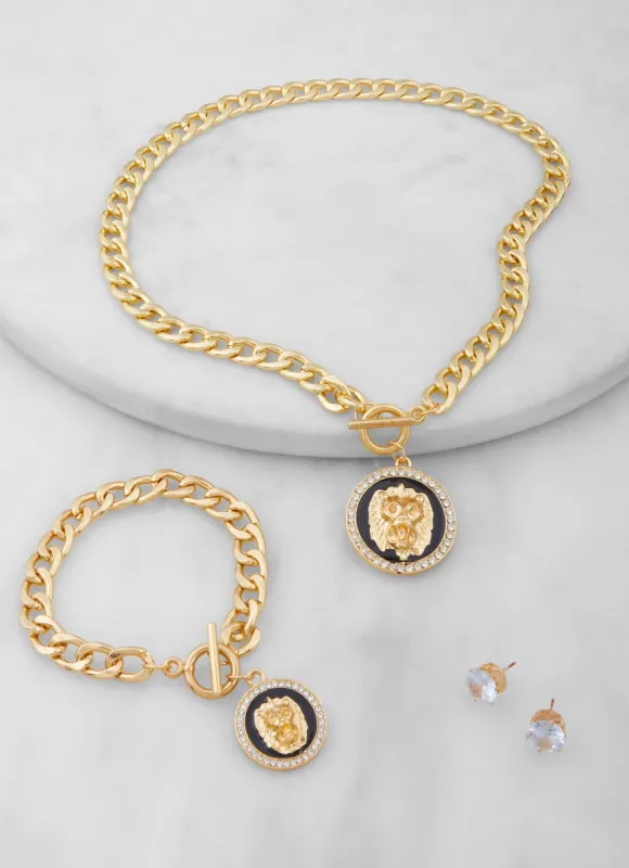 Lion Head Cuban Link Chain Necklace with Bracelet and Stud Earrings sold by Rainbow