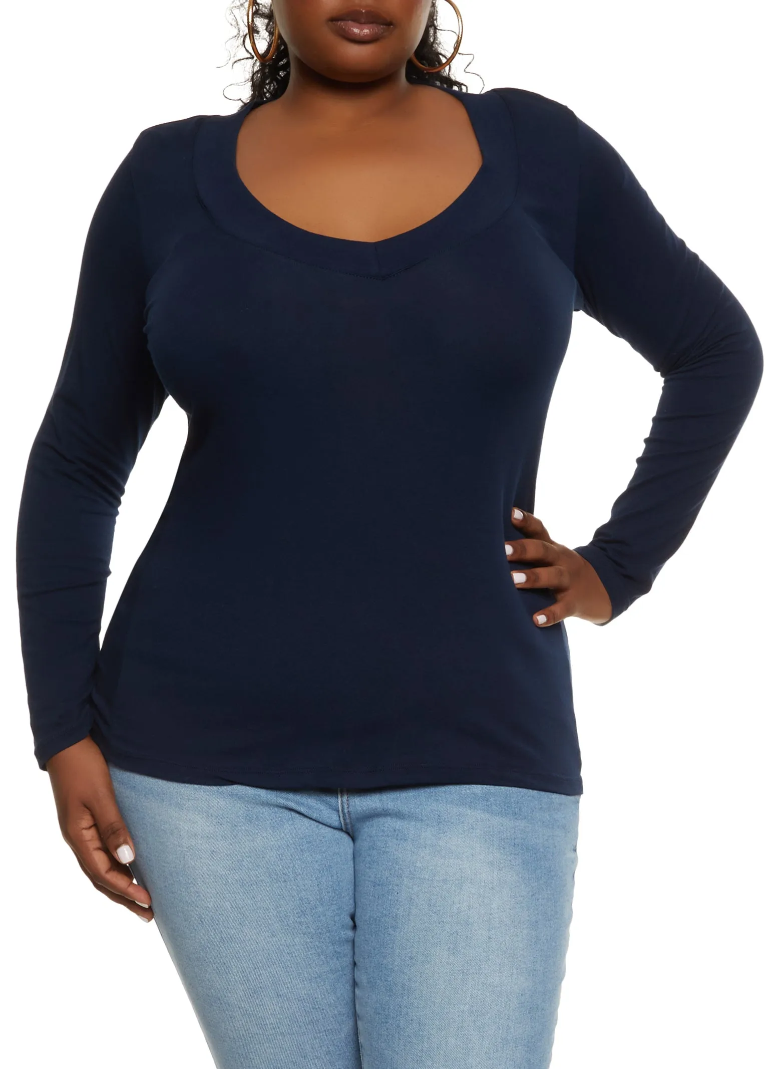 Plus Size Solid V Neck Long Sleeve Tee sold by Rainbow