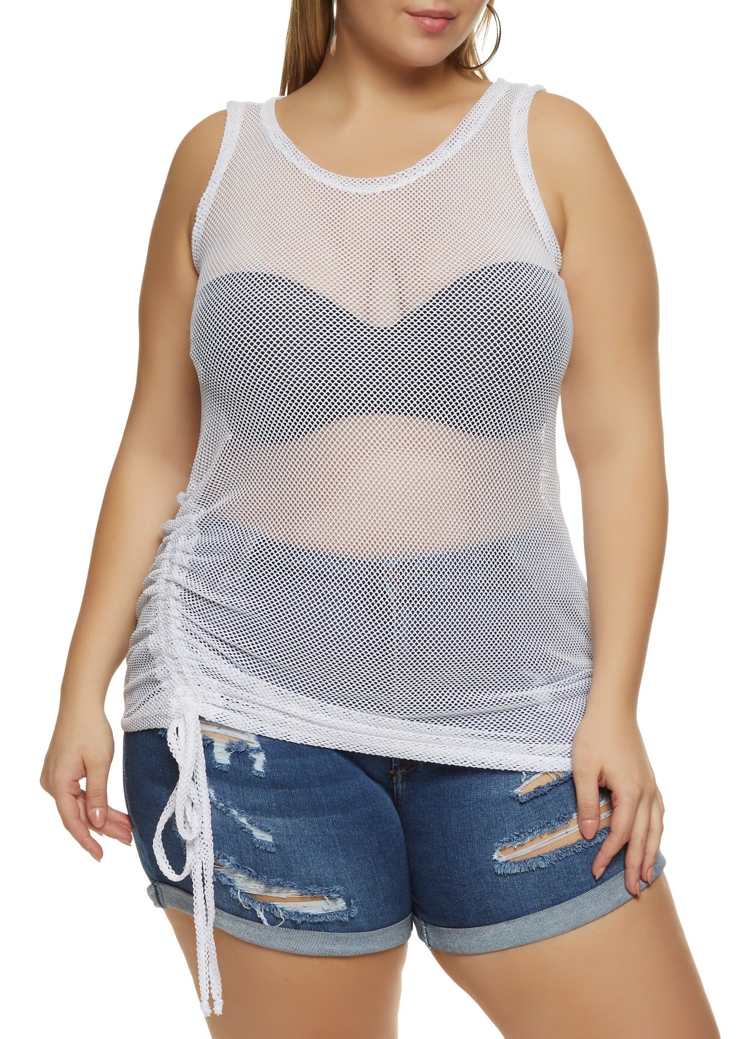 Plus Size Fishnet Ruched Side Tank Top sold by Rainbow