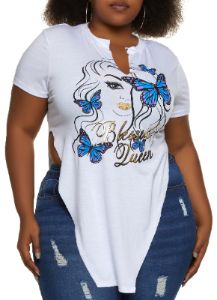 Plus Size Blessed Queen Hanky Hem Graphic Tee sold by Rainbow