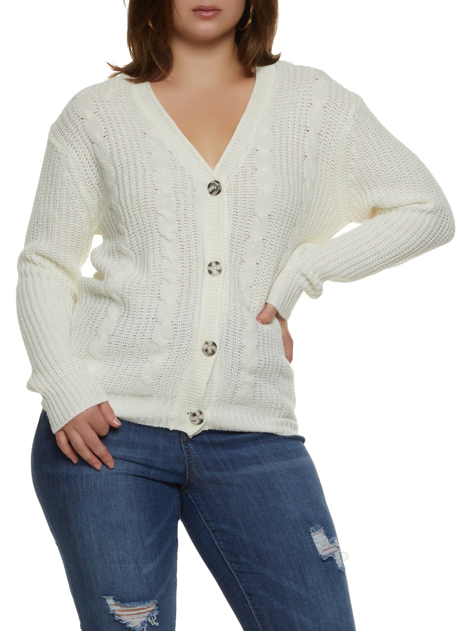 Plus Size Cable Knit Button Front Cardigan sold by Rainbow