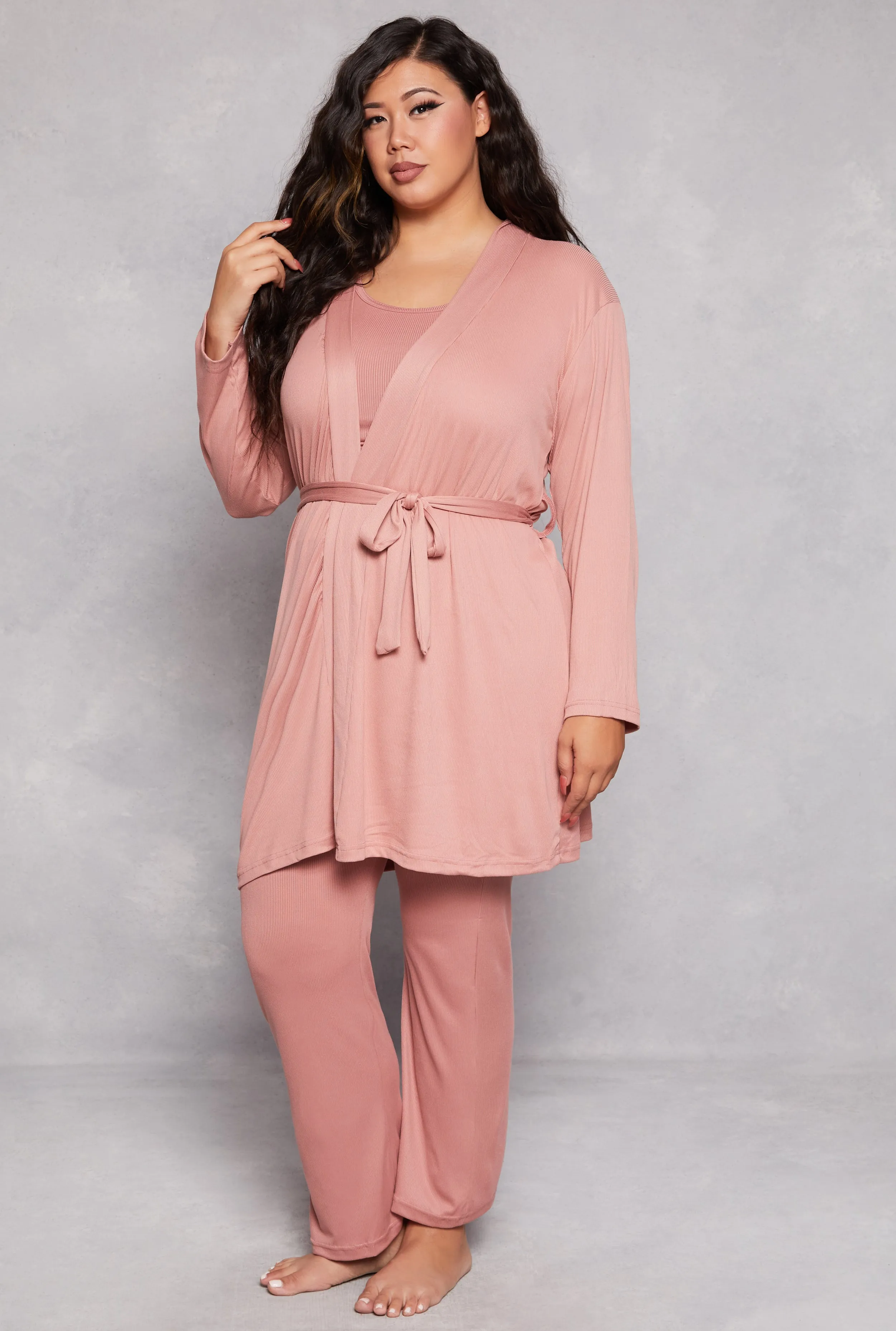 Plus Size Basic Pajama Tank Top and Pants with Robe sold by Rainbow