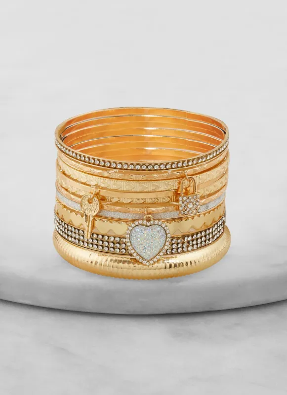 Set of 11 Rhinestone Key Lock Heart Charm Metallic Bangles sold by Rainbow