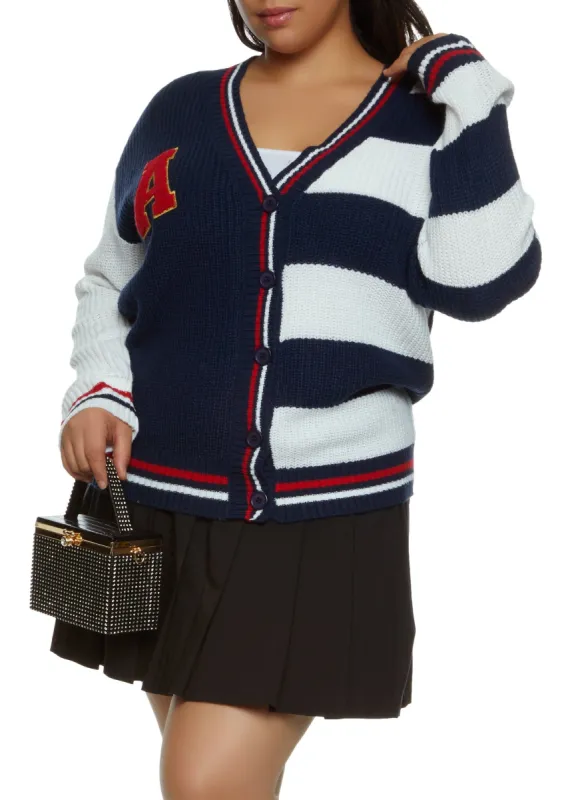 Plus Size A Initial Chenille Patch Color Block Cardigan sold by Rainbow