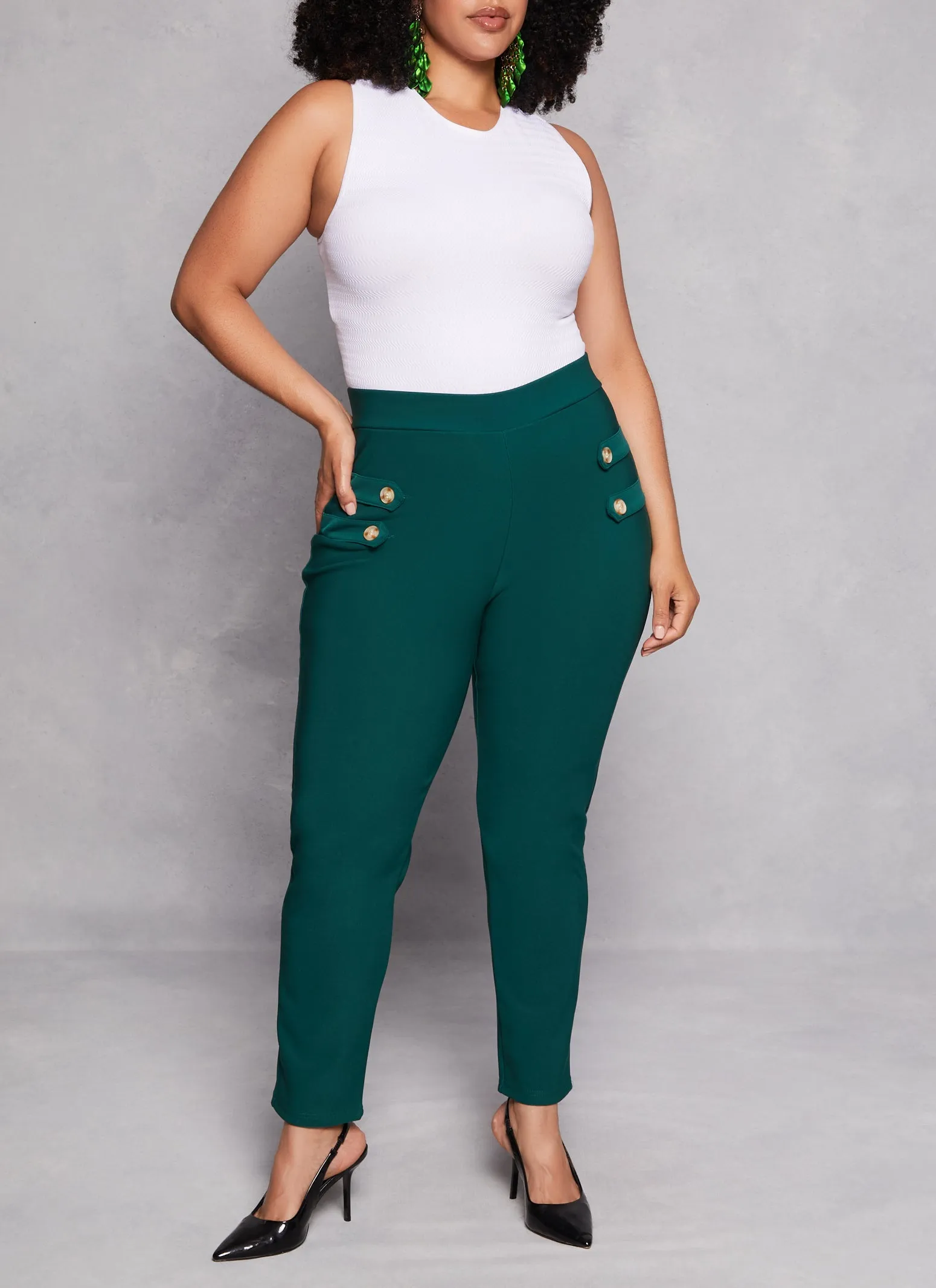 Plus Size Four Button Detail High Waist Pants sold by Rainbow