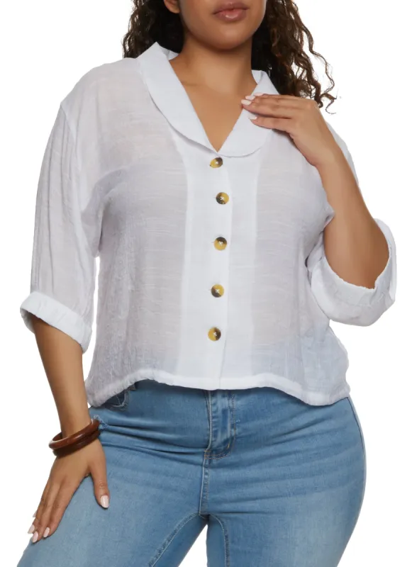 Plus Size Gauze Knit Quarter Sleeve Button Front Top sold by Rainbow
