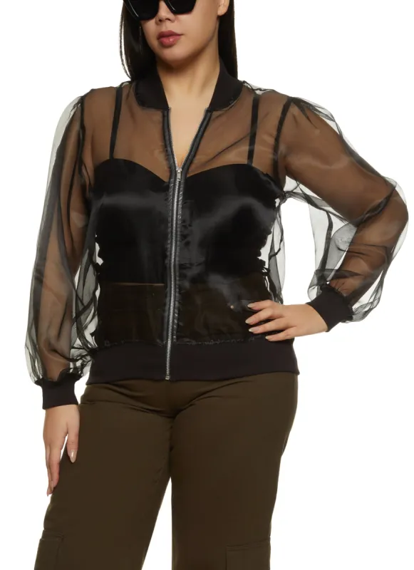 Plus Size Organza Zip Front Bomber Jacket sold by Rainbow