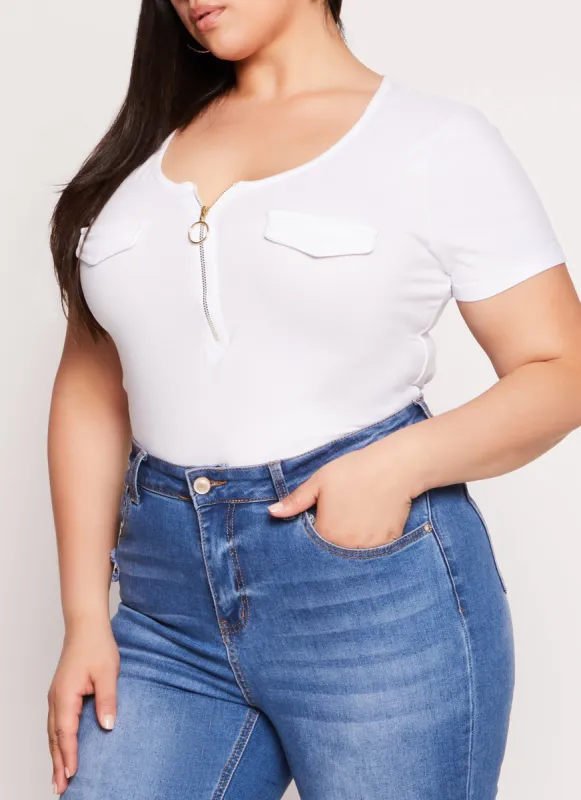 Plus Size Half Zip Faux Pocket Detail Top sold by Rainbow