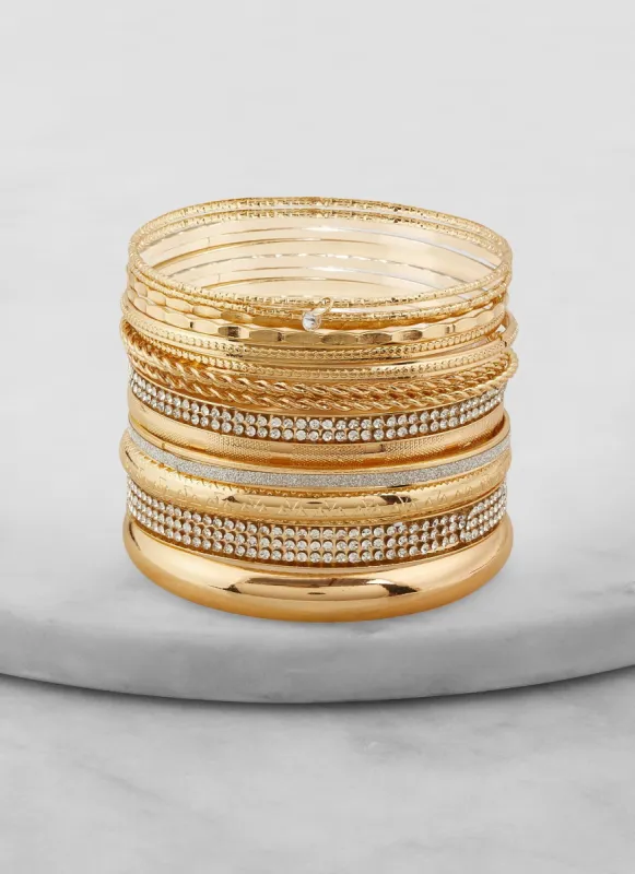 Set of 15 Rhinestone Metallic Textured Bangles sold by Rainbow