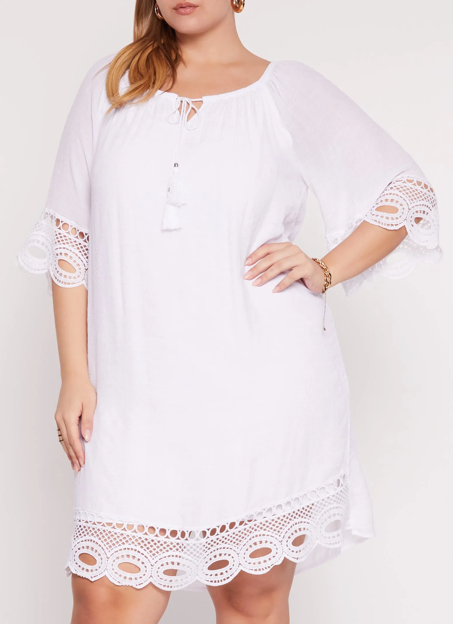 Plus Size Tie Neck Crochet Detail Shift Dress sold by Rainbow
