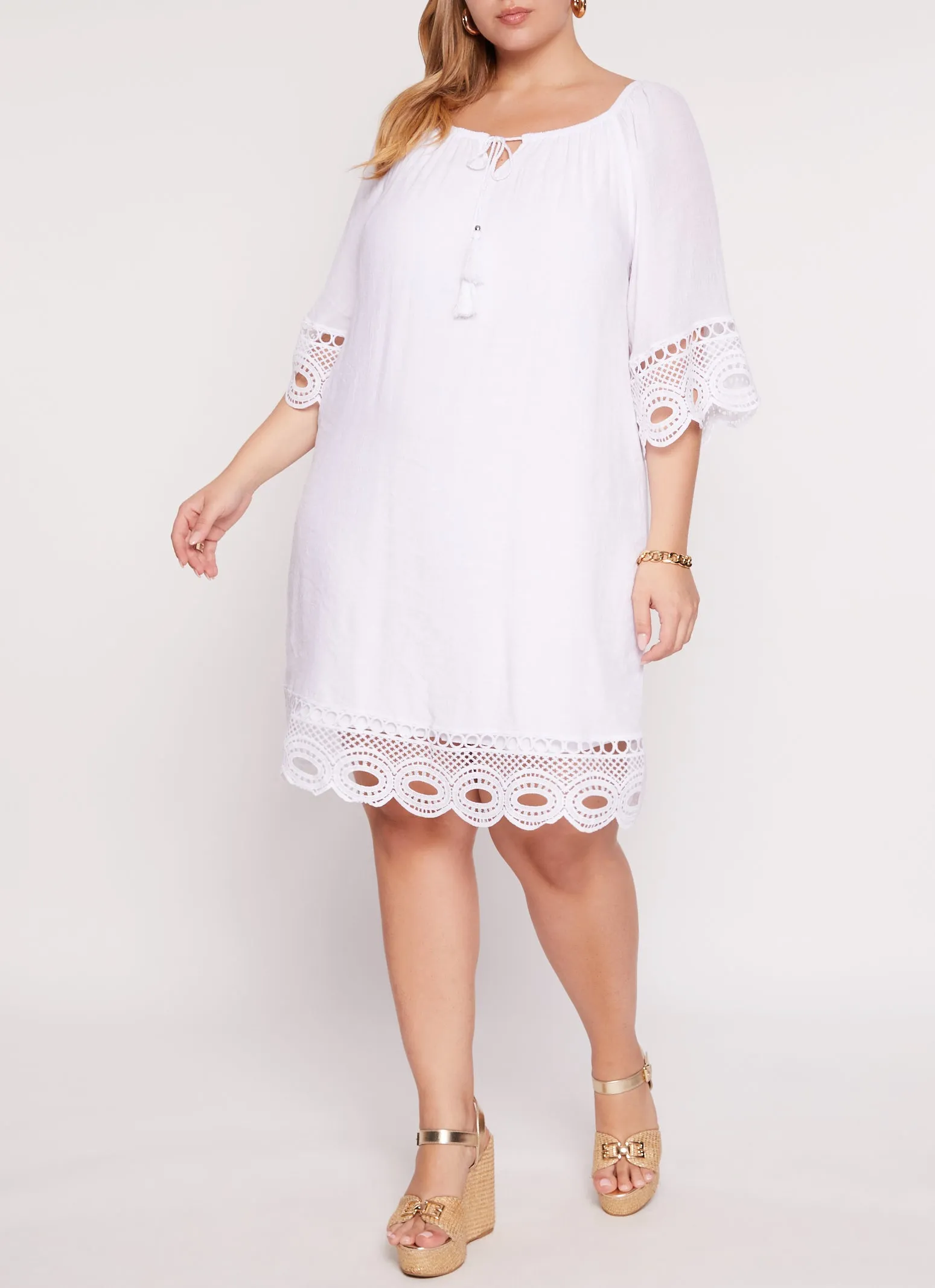 Plus Size Tie Neck Crochet Detail Shift Dress sold by Rainbow product image thumbnail 2