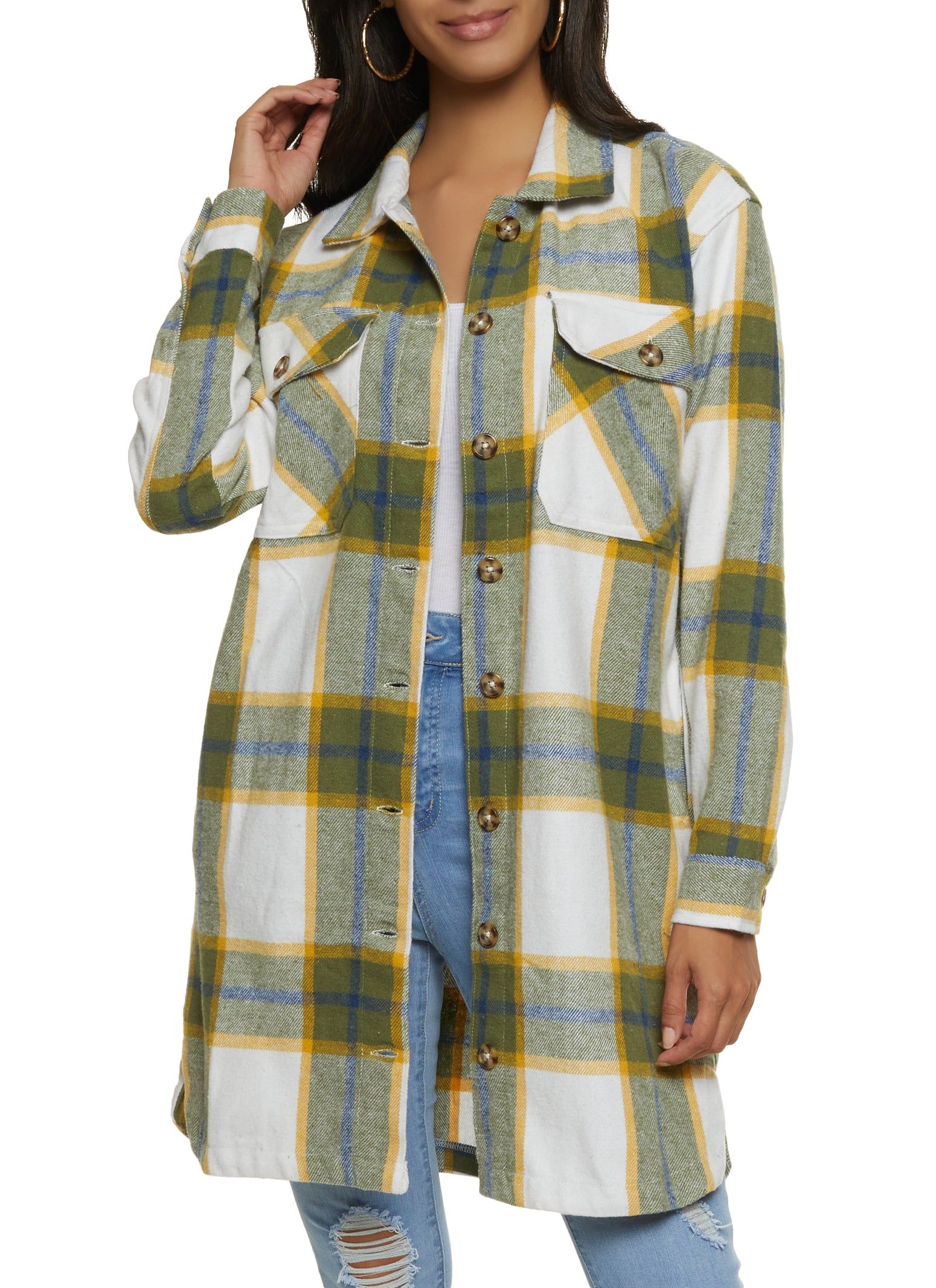 Plaid Brushed Knit Long Line Shacket sold by Rainbow