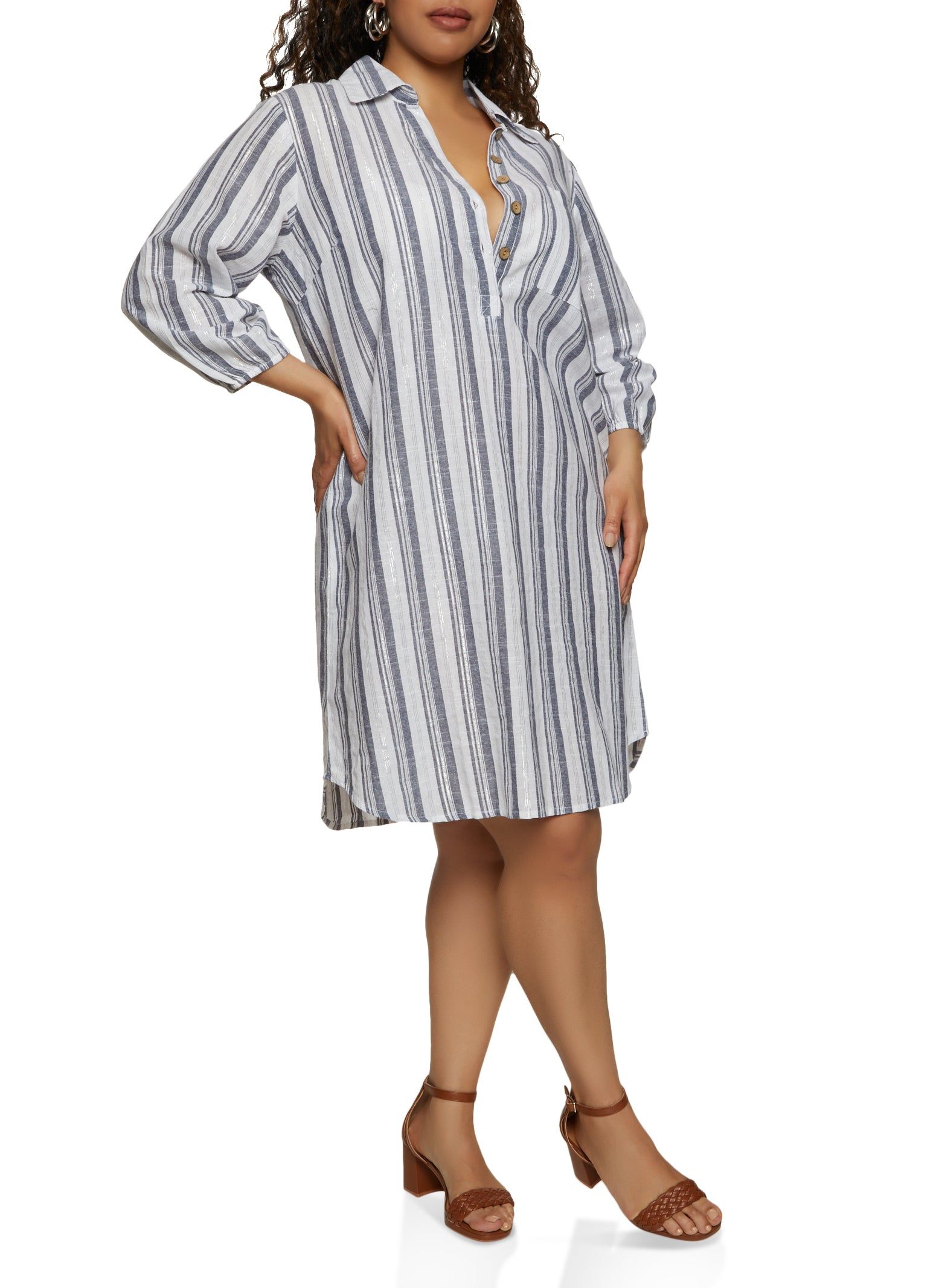 Plus Size Stripe Linen Shirt Dress sold by Rainbow