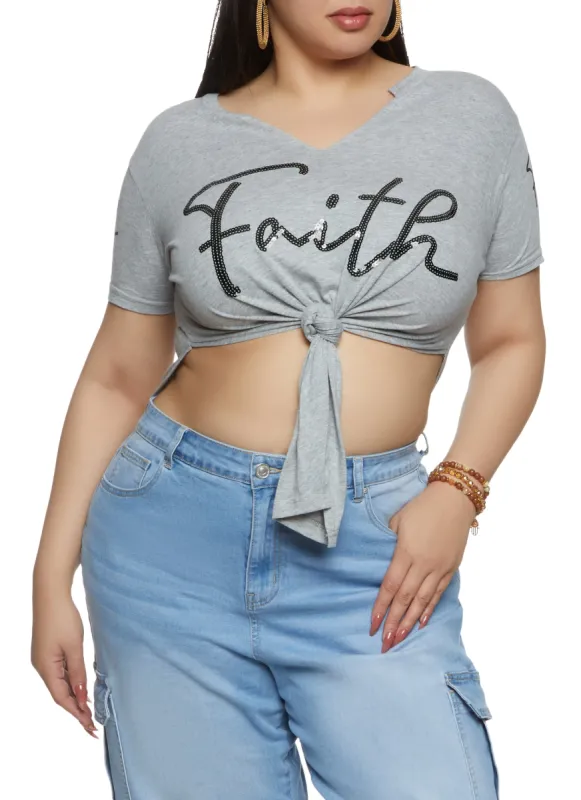 Plus Size Sequin Faith Knot Front Tee sold by Rainbow