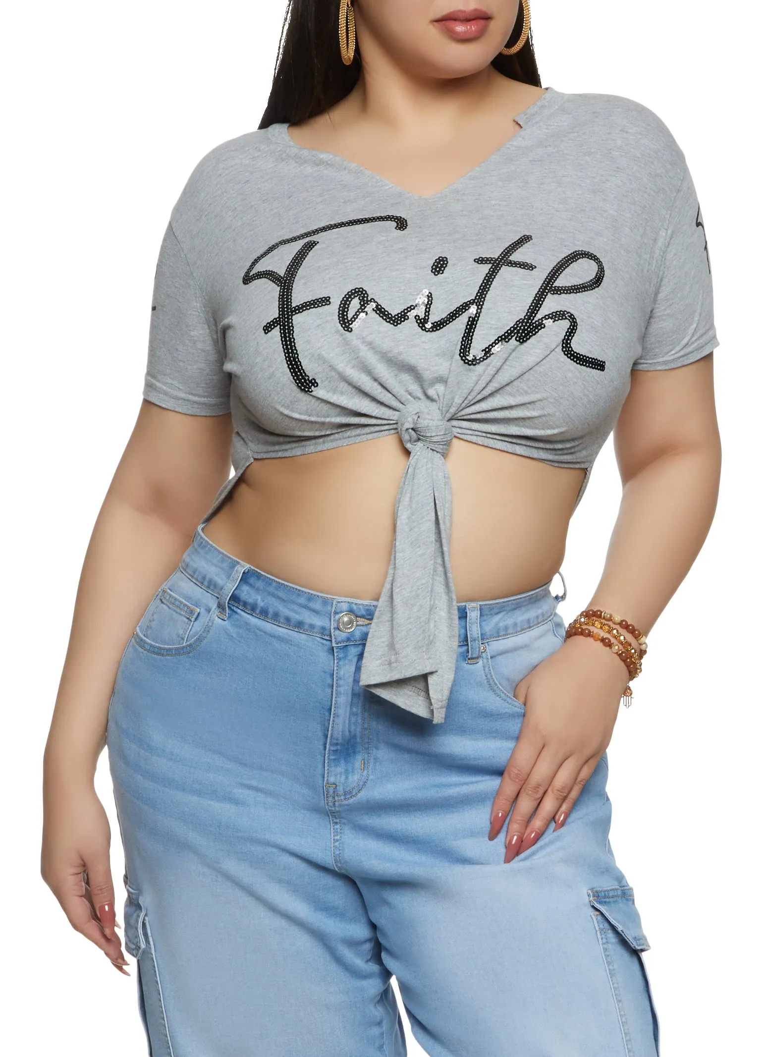 Plus Size Sequin Faith Knot Front Tee sold by Rainbow