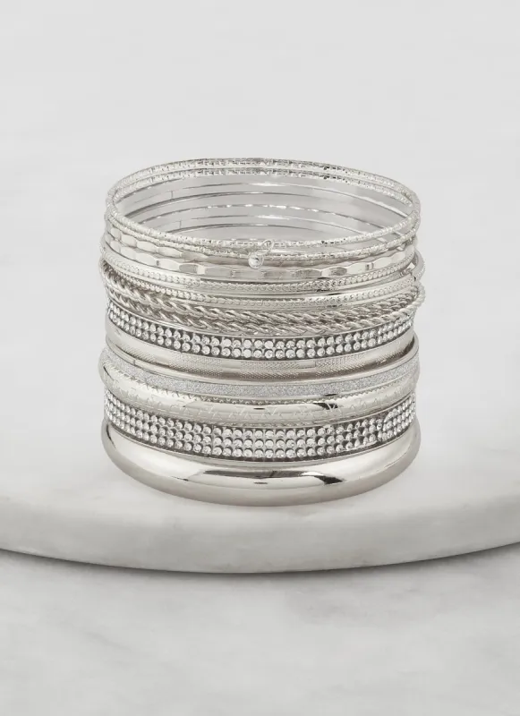 Set of 15 Rhinestone Metallic Textured Bangles sold by Rainbow