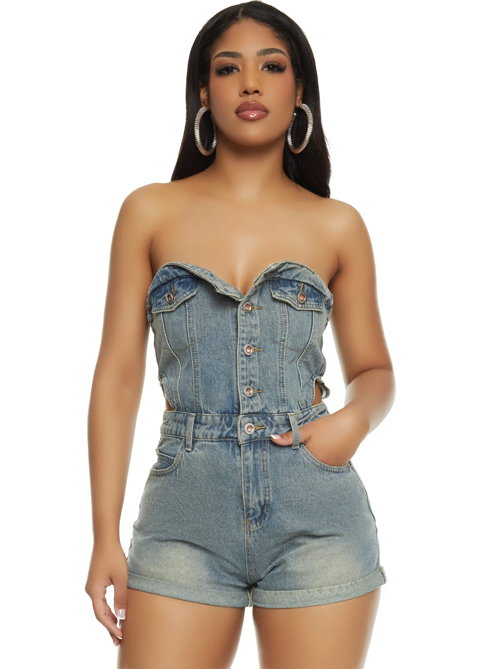 Cut Out Strapless Denim Romper sold by Rainbow