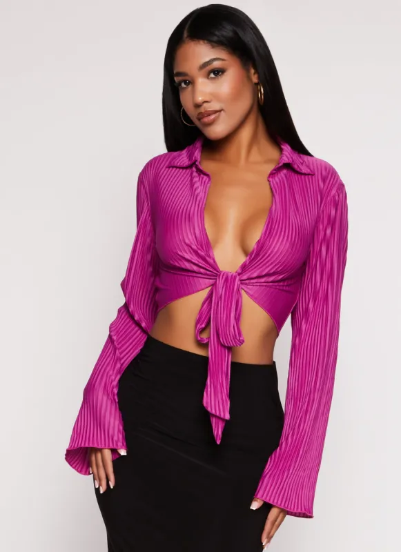 Plisse Tie Front Bell Sleeve Blouse sold by Rainbow