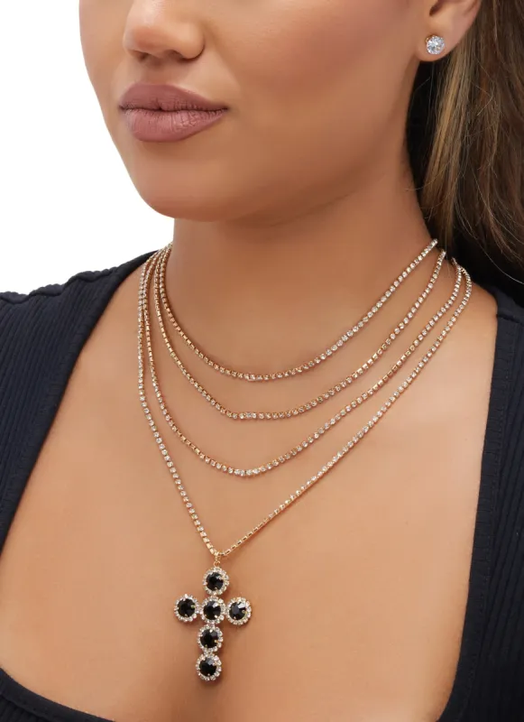 Cubic Zirconia Cross Layered Necklace with Stud Earrings sold by Rainbow