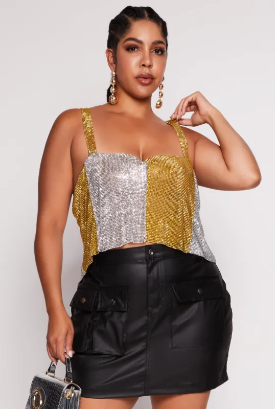 Plus Size Color Block Rhinestone Mesh Crop Top sold by Rainbow