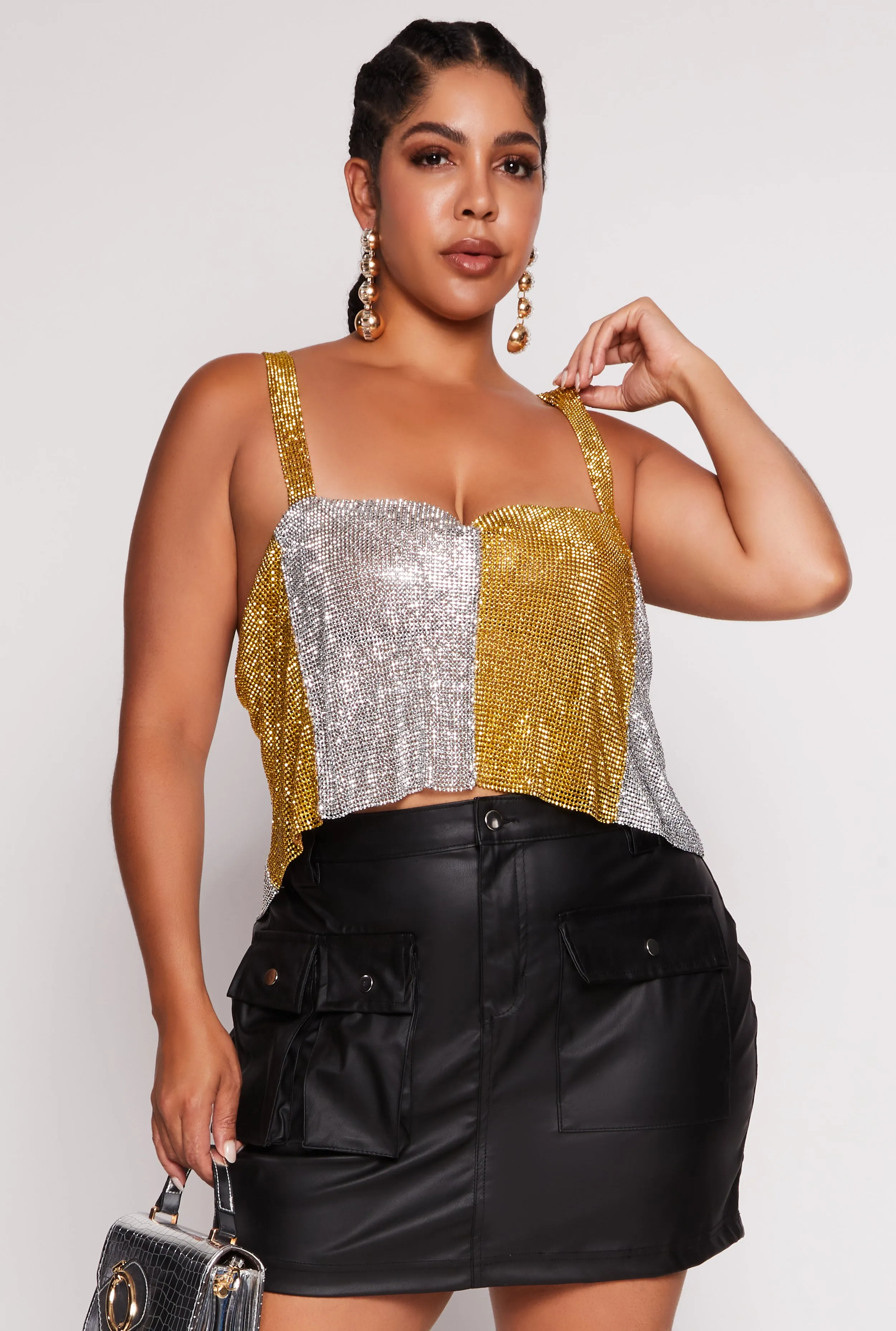 Plus Size Color Block Rhinestone Mesh Crop Top sold by Rainbow