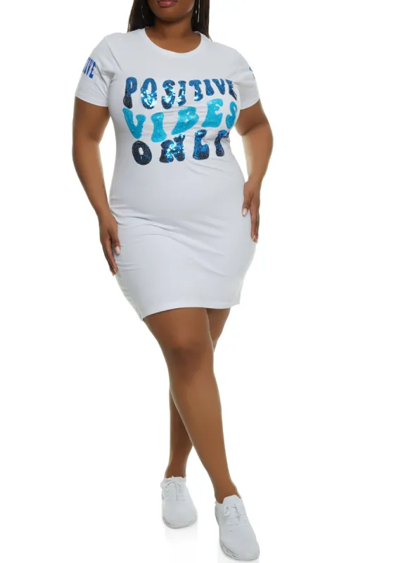 Plus Size Positive Vibes Only Sequin Graphic T Shirt Dress sold by Rainbow