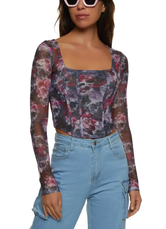 Printed Mesh Long Sleeve Corset Top sold by Rainbow