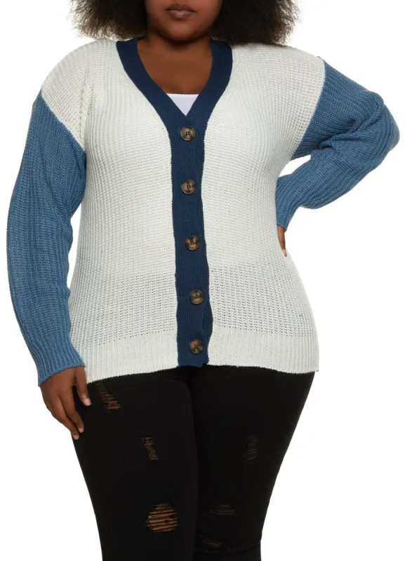 Plus Size Color Block Button Front Cardigan sold by Rainbow