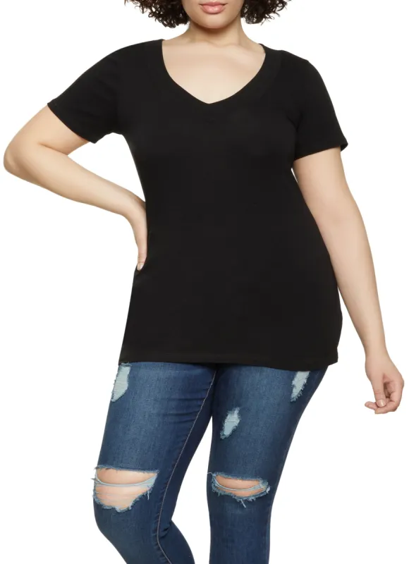 Plus Size Solid Basic V Neck Tee sold by Rainbow