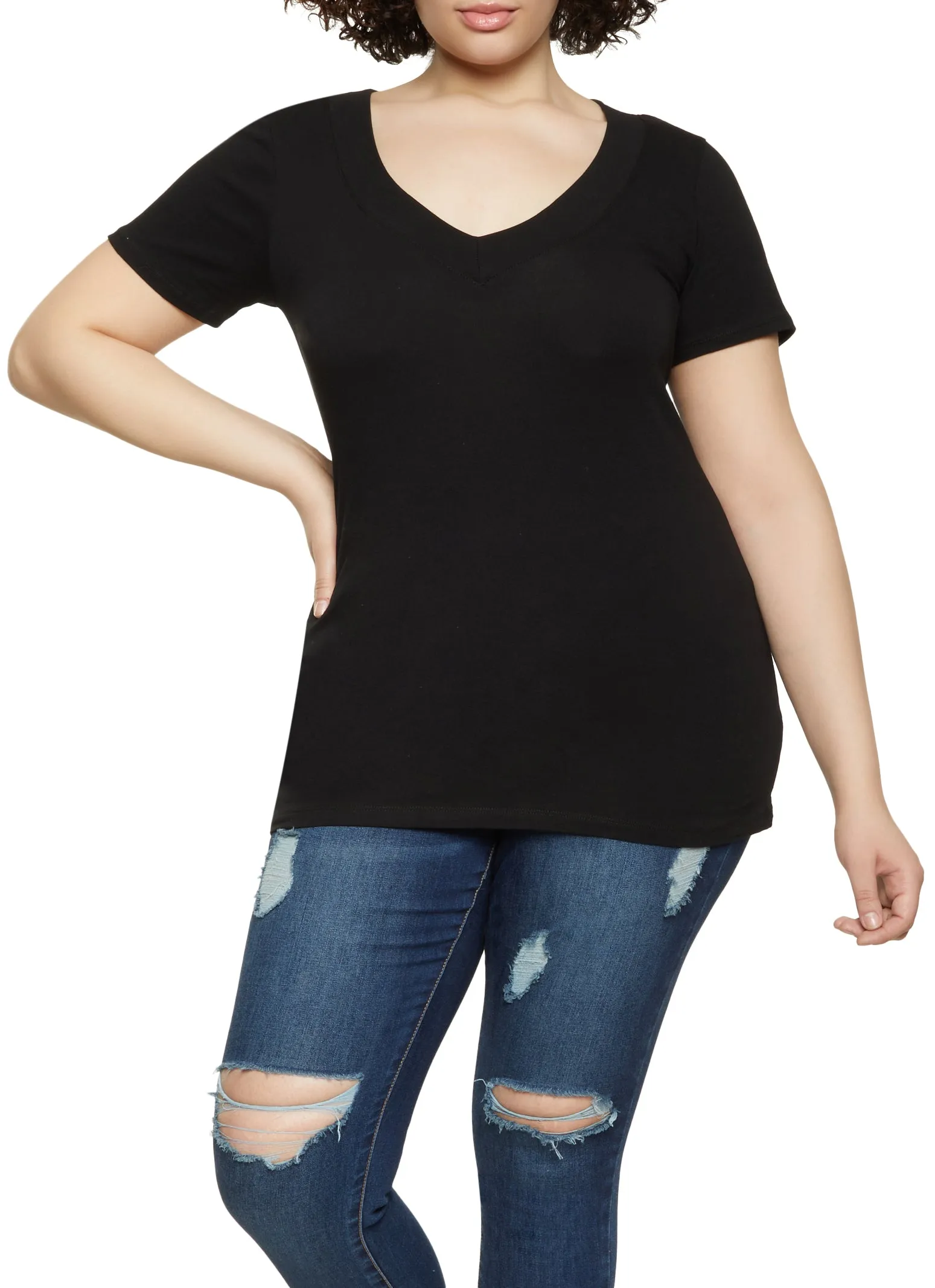 Plus Size Solid Basic V Neck Tee sold by Rainbow