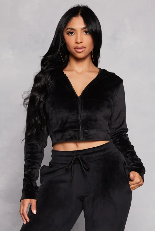 Velour Cropped Zip Front Hoodie sold by Rainbow