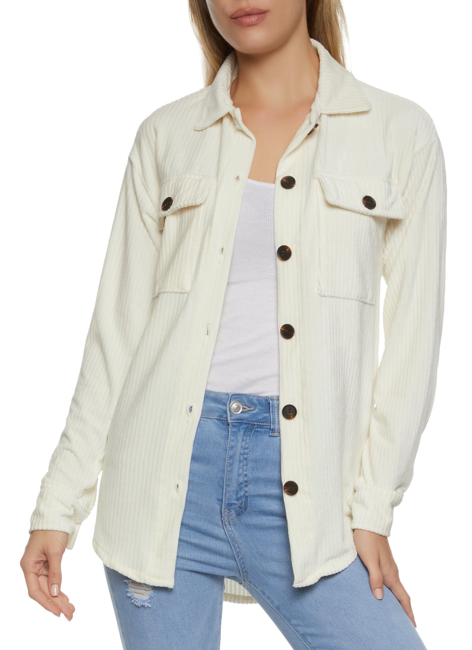 Ribbed Knit Velour Button Front Shirt sold by Rainbow