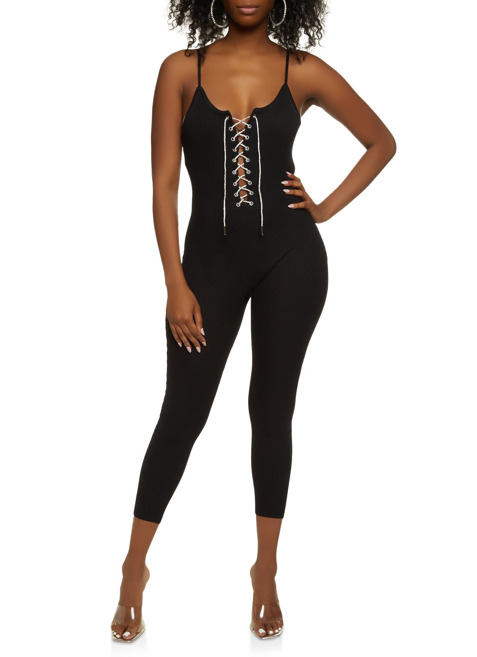 Ribbed Rhinestone Lace Up Jumpsuit sold by Rainbow