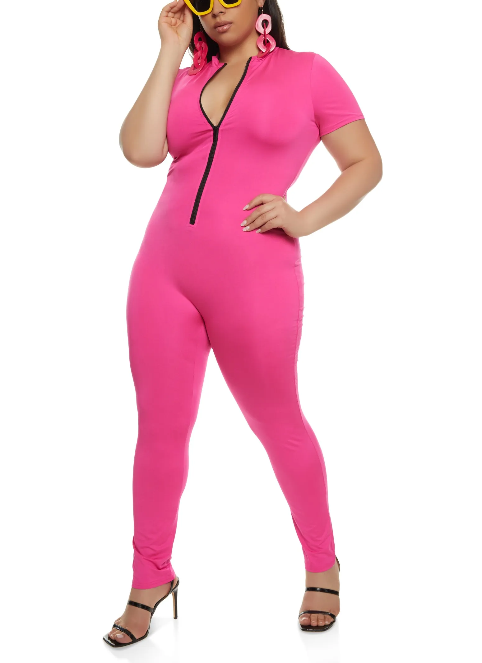 Plus Size Daisy Contrast Half Zip Jumpsuit sold by Rainbow