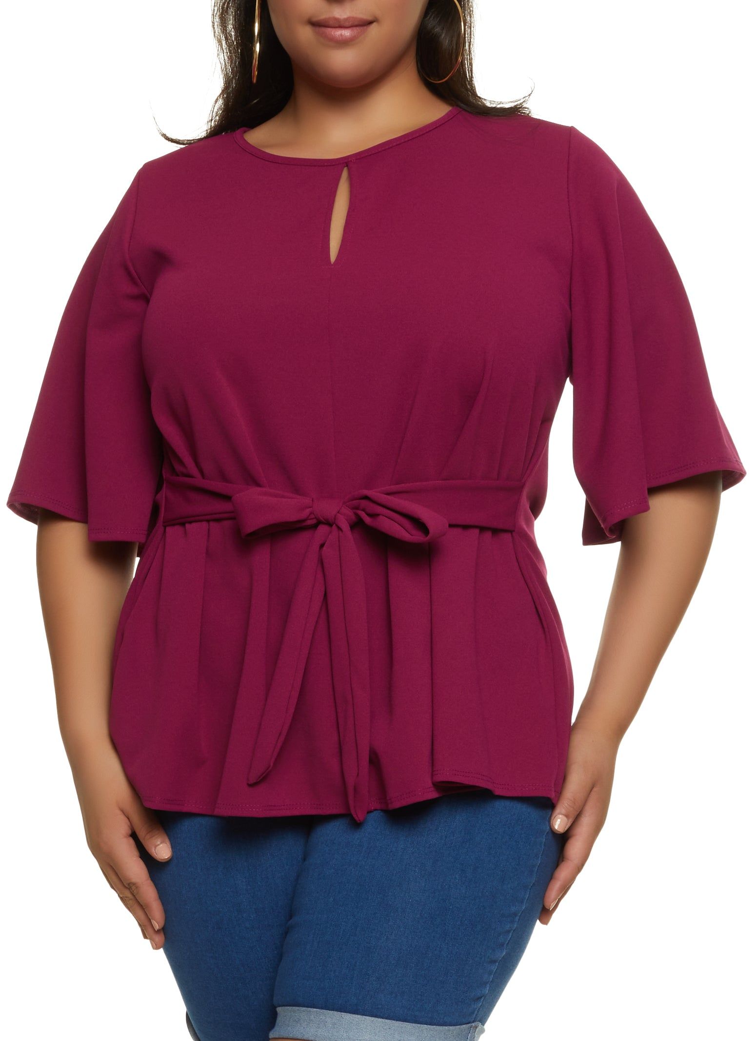Plus Size Crepe Knit Keyhole Tie Waist Blouse sold by Rainbow