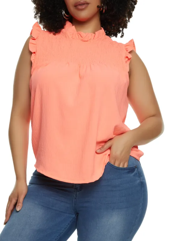 Plus Size Smocked Sleeveless Blouse sold by Rainbow