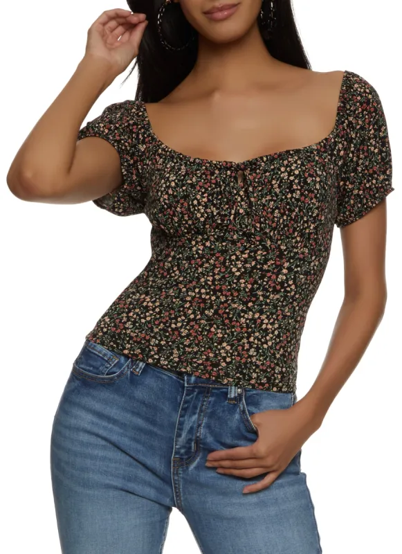 Tie Front Floral Print Peasant Top sold by Rainbow