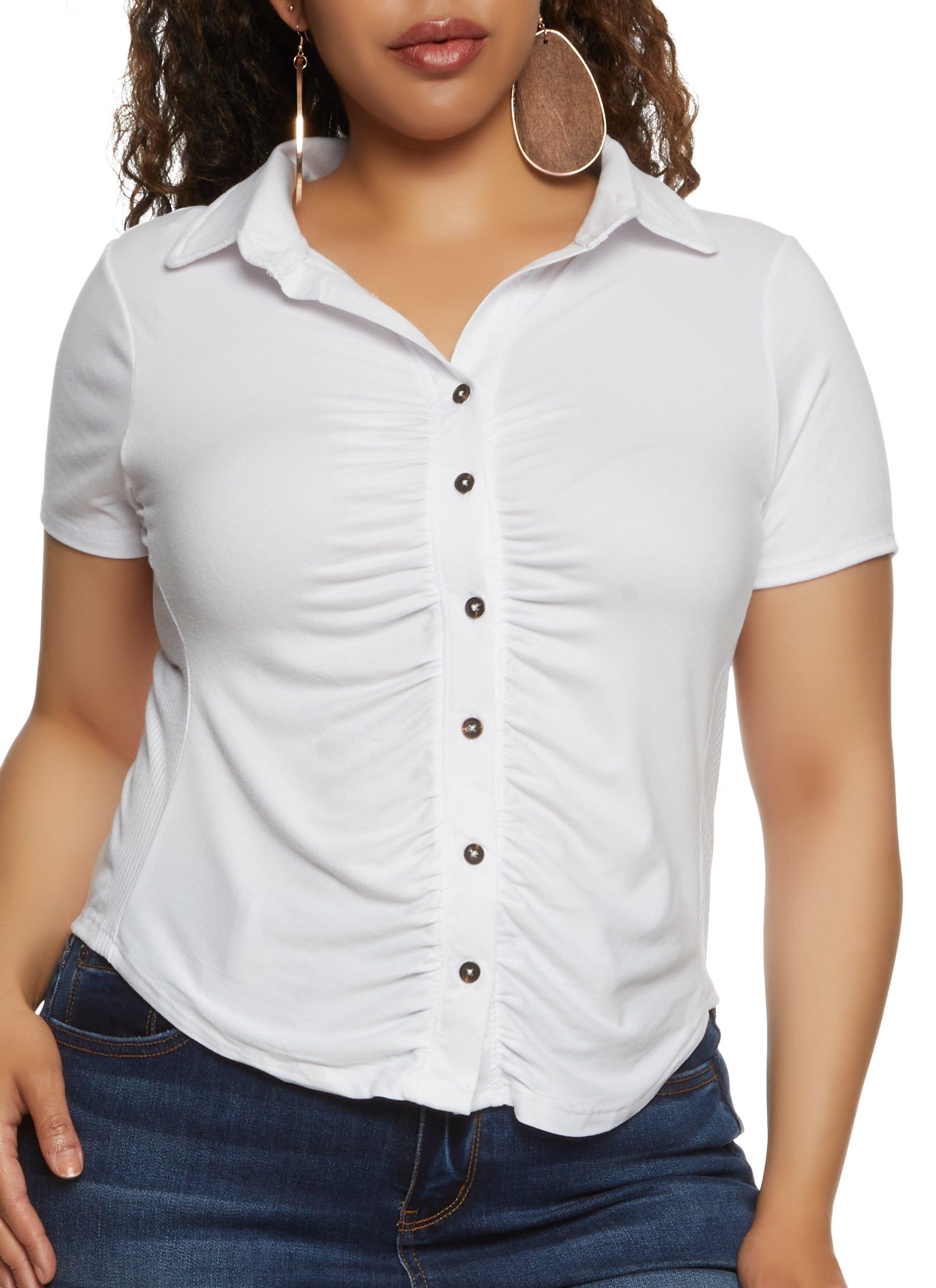 Plus Size Short Sleeve Ruched Button Down Top sold by Rainbow