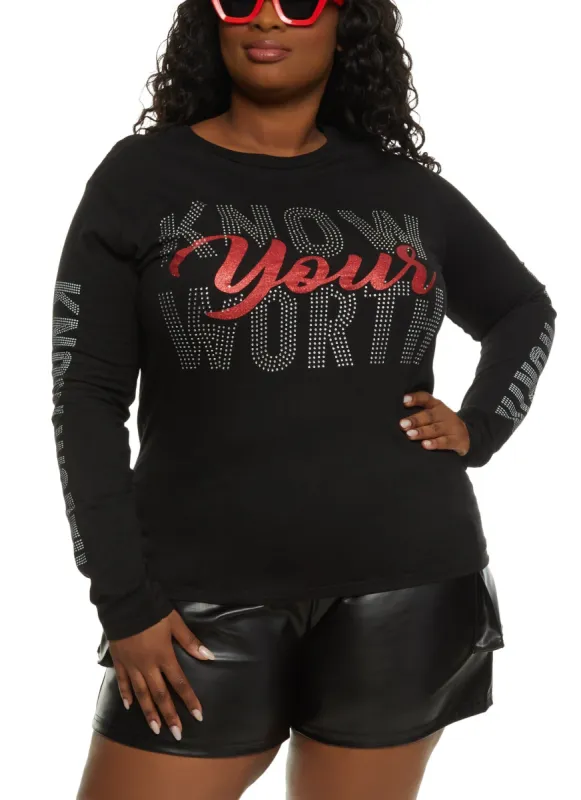Plus Size Long Sleeve Know Your Worth Rhinestone Graphic Tee sold by Rainbow