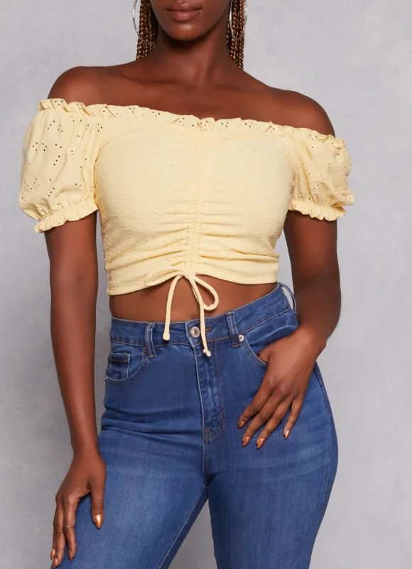 Eyelet Ruched Front Peasant Top sold by Rainbow