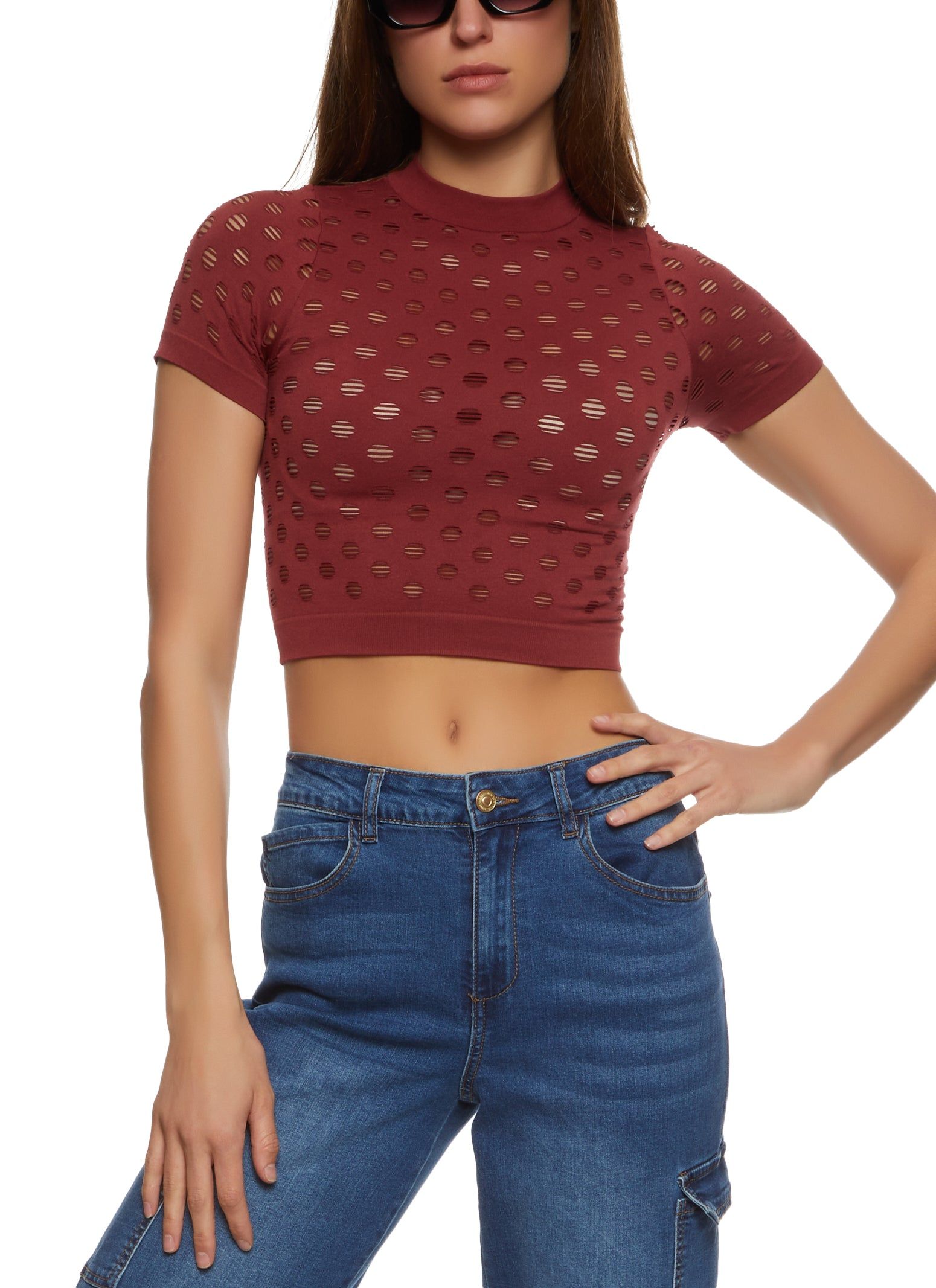 Seamless Mock Neck Cut Out Cropped Tee sold by Rainbow